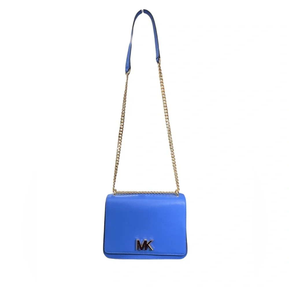 Michael Kors Mott Large Leather Shoulder Bag Oxford Blue Gold Chain NWT - Picture 3 of 12